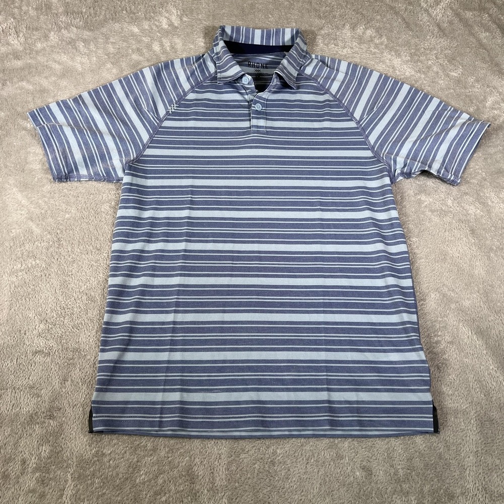 Rhone Polo Shirt Mens Small Blue Striped Performance Stretch Golf Raglan